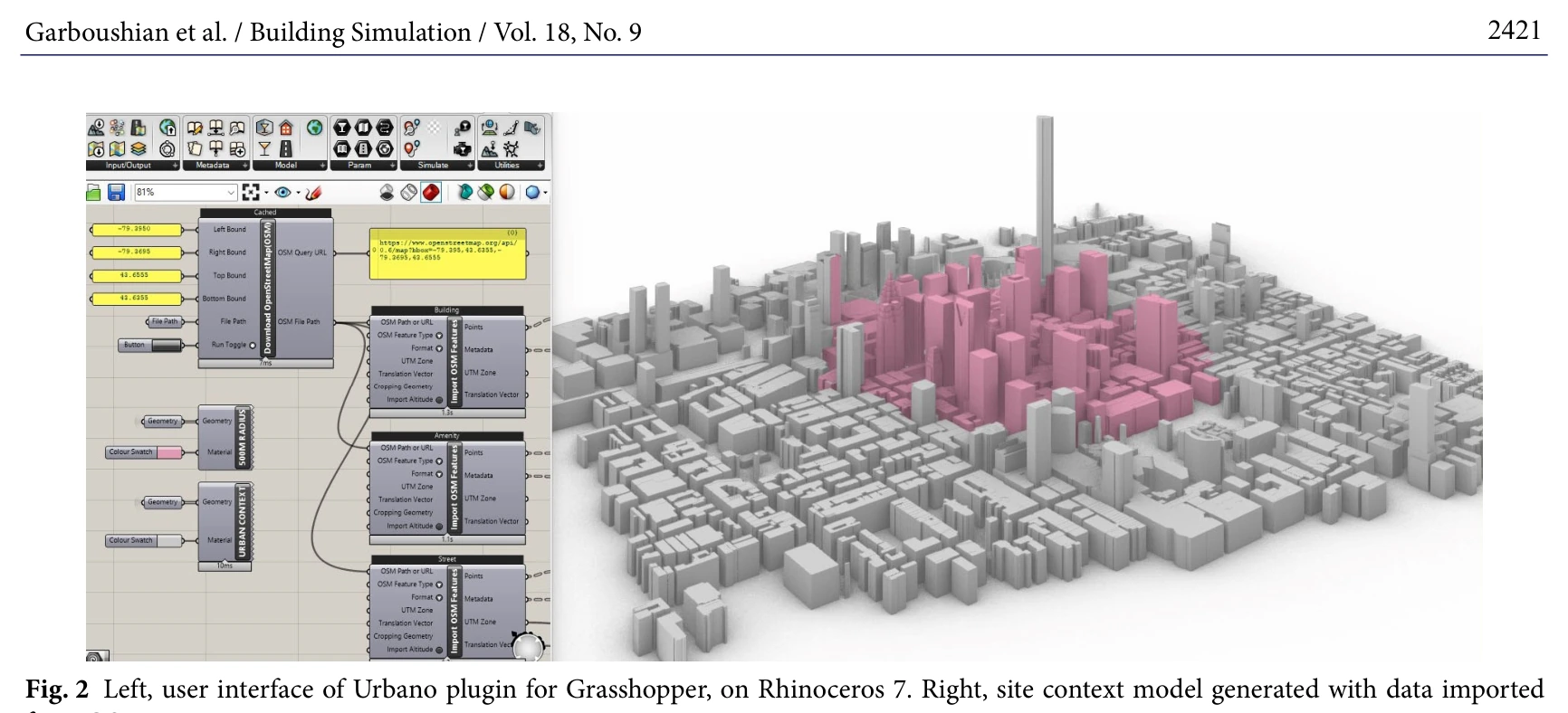Urban site-context model and parametric modeling interface for adaptive reuse analysis.